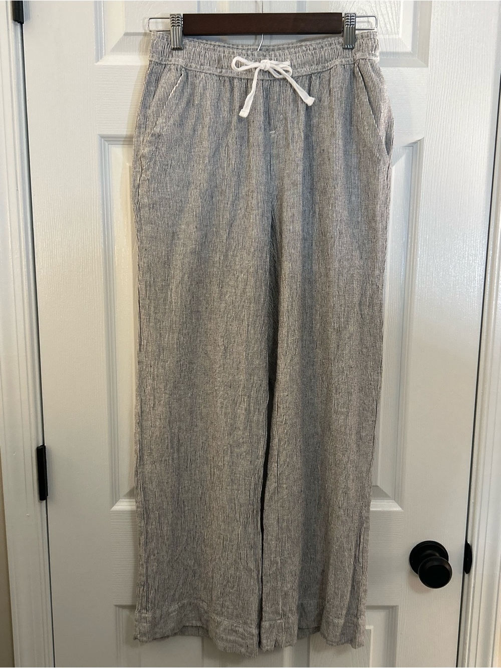 Briggs Striped Linen Blend Wide Leg Drawstring Pants Blue Gray S